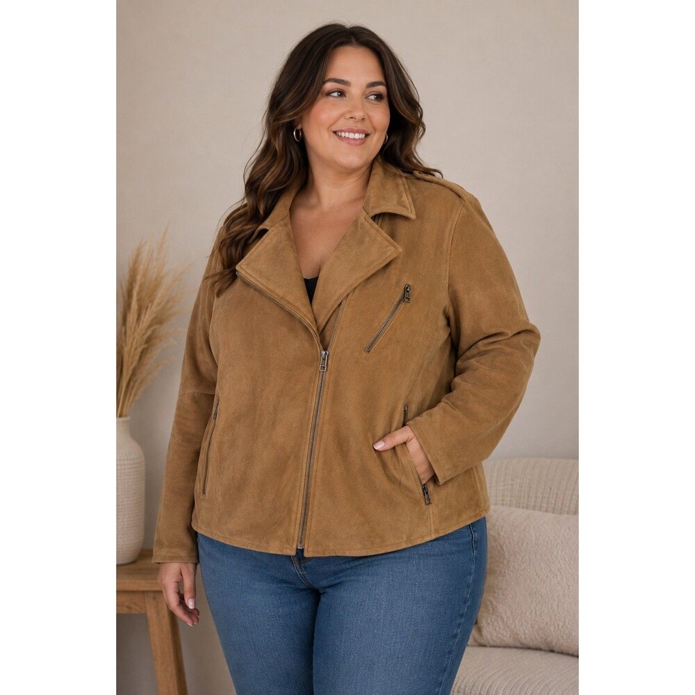 Lane Bryant Faux Suede Moto Jacket Plus Size 22/24 Camel Brown Tan Asymmetrical